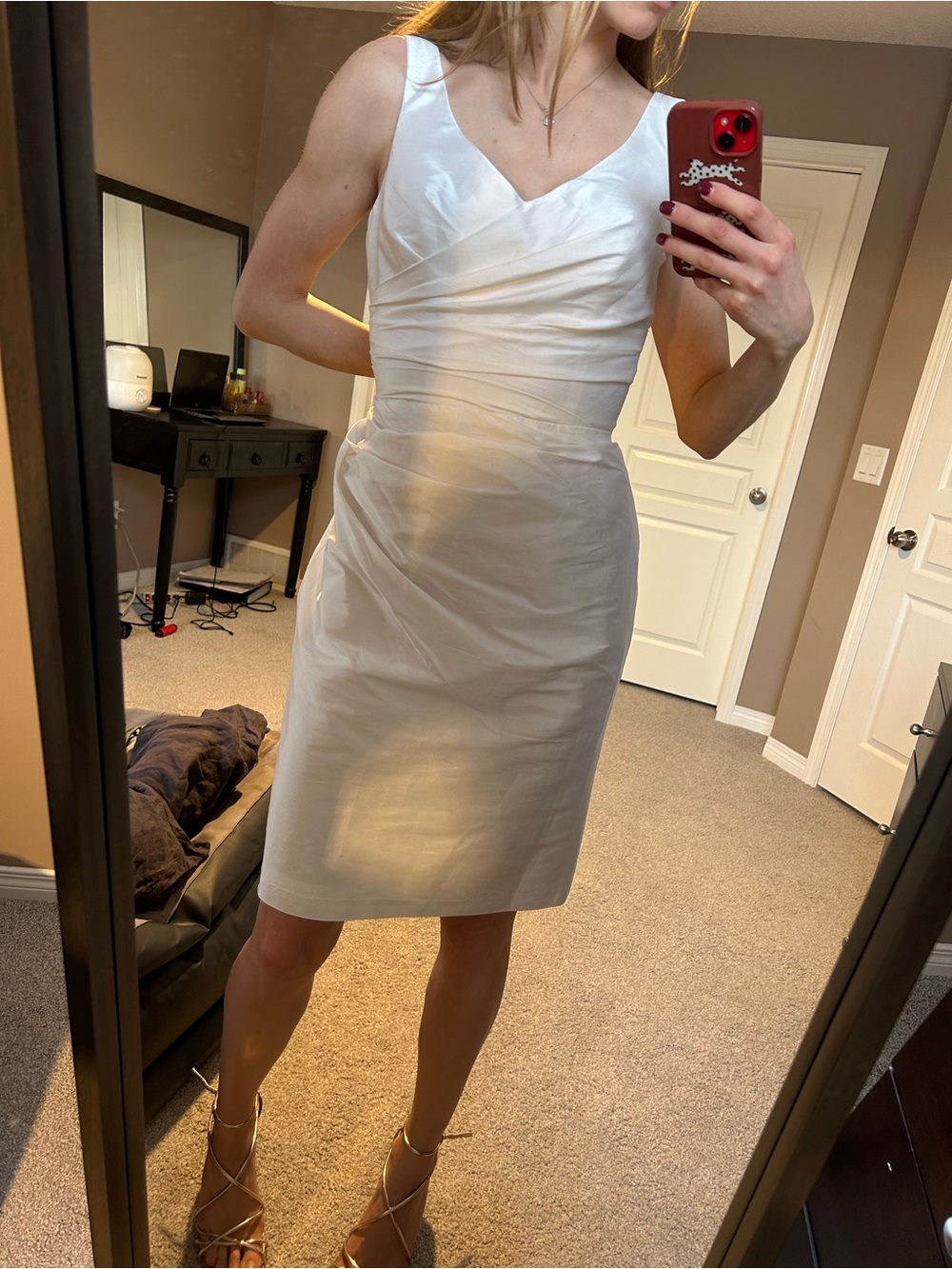 ALFRED SUNG White V-Neck Ruched Sheath Dress